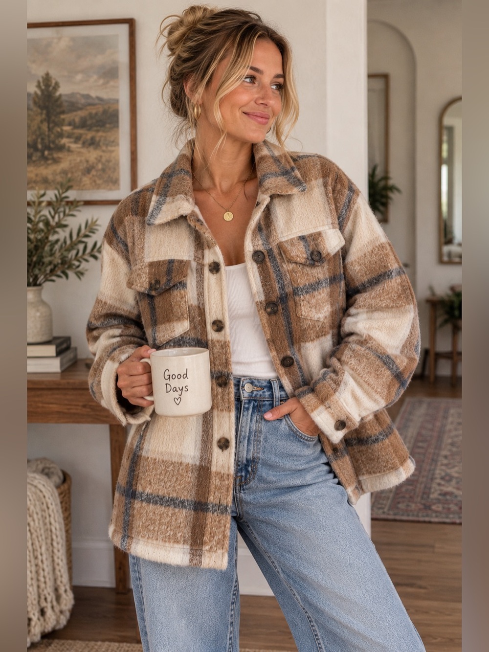 Avec Les Filles Plaid Shacket Large Brown Cream Oversized Teddy Jacket